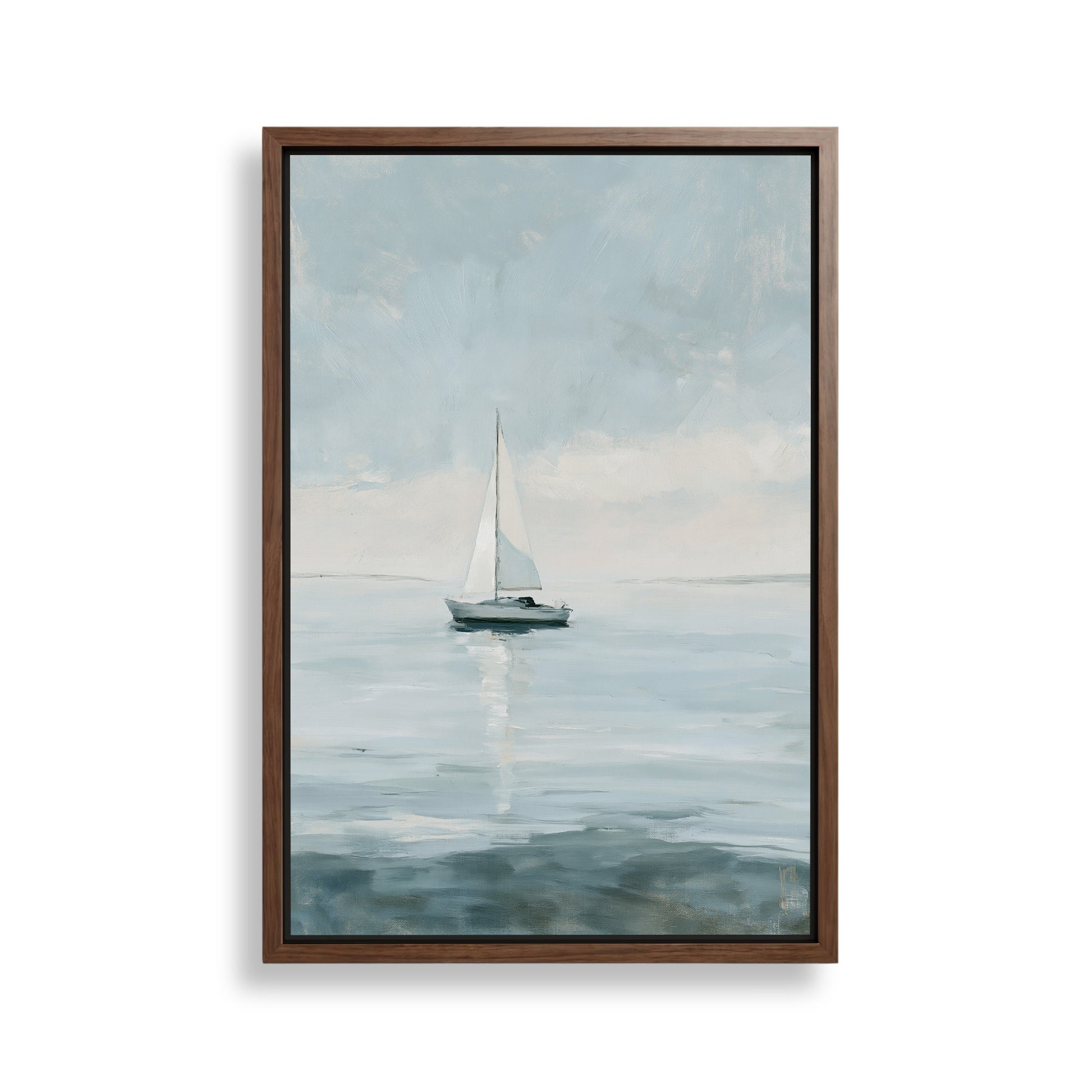 A painting of a sailboat on the water, with a cloudy sky in the background.