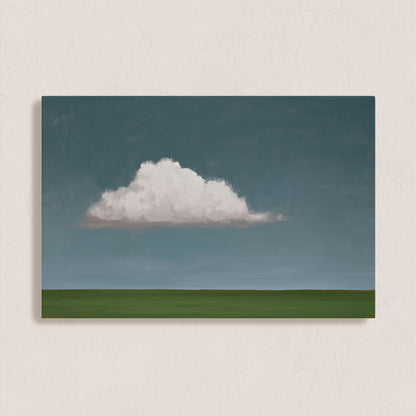 Eave Canvas Print showing a single white cloud over a green horizon with muted tones and minimalist design