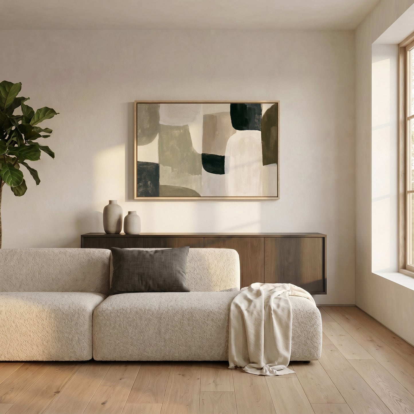 a modern living room with a large abstract painting on the wall, a white sofa, a wooden cabinet, and a large window.