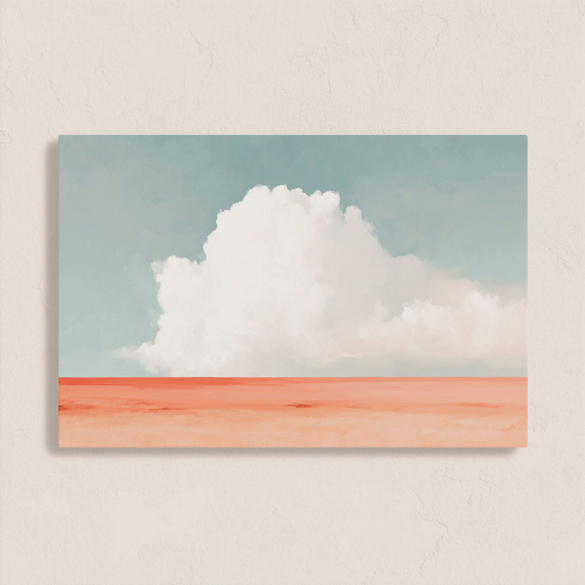 Aurea Canvas Wall Art featuring a white cloud over a coral horizon with soft blue sky, minimalist coastal design on archival-grade canvas