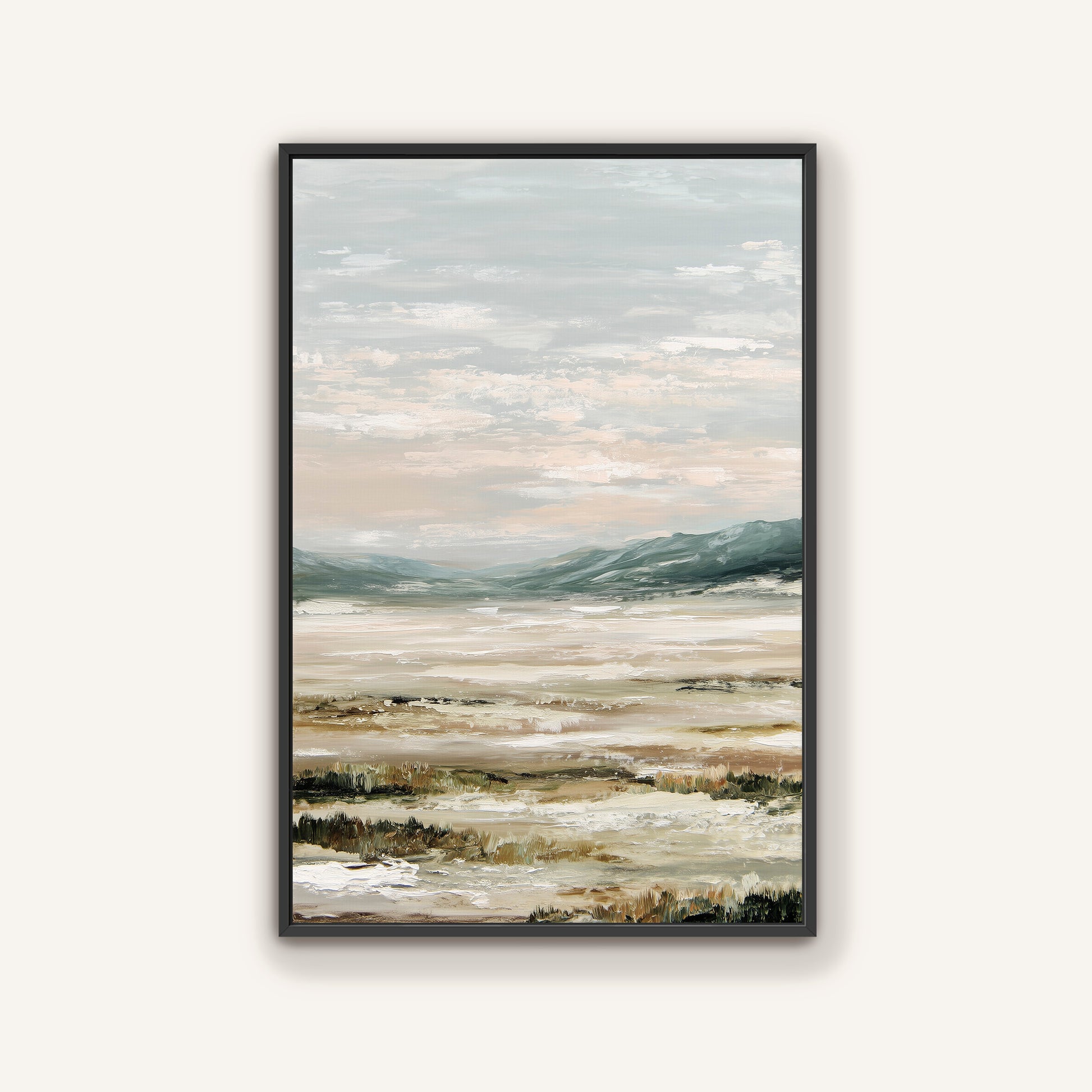 The image is a framed painting depicting a serene landscape with a body of water and mountains in the background.