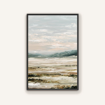 The image is a framed painting depicting a serene landscape with a body of water and mountains in the background.