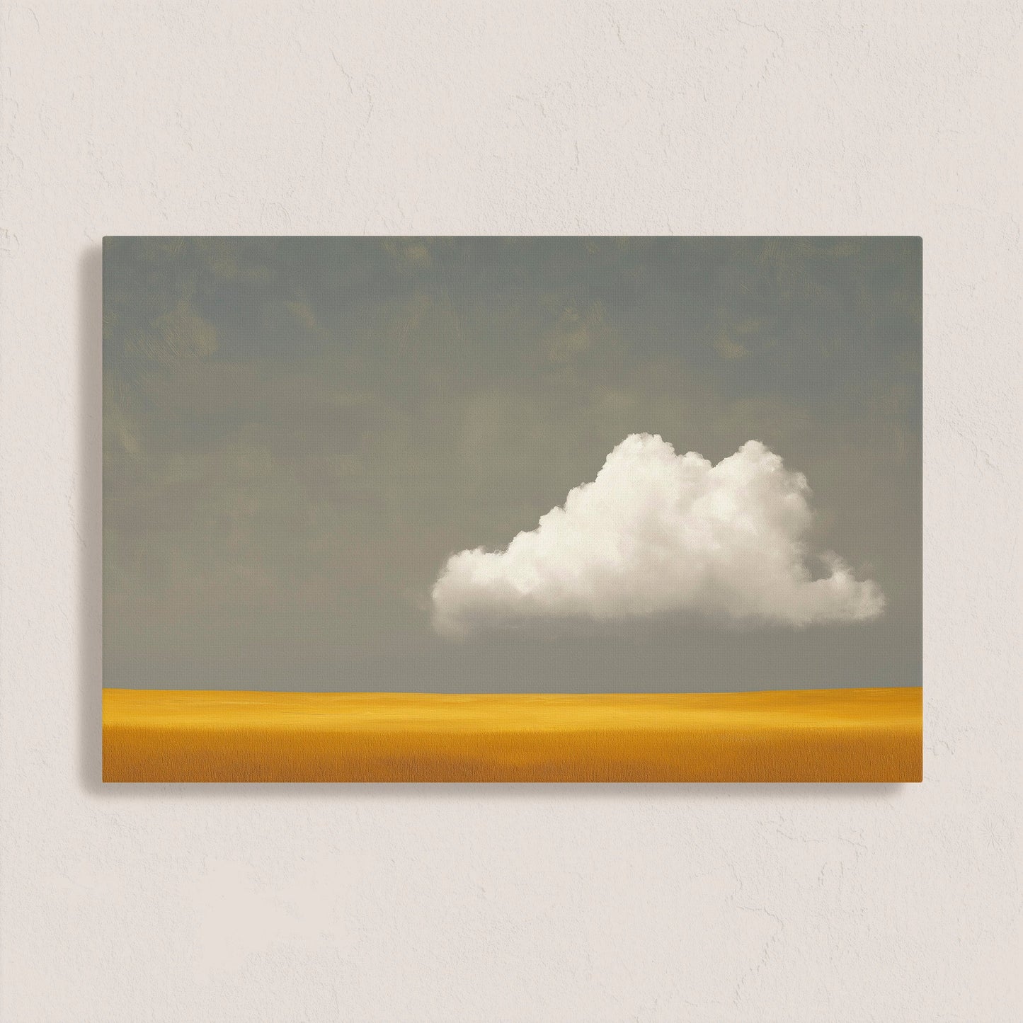 Mellow Canvas Print showing a white cloud over a golden plain with a muted gray sky, minimalist and peaceful wall art.