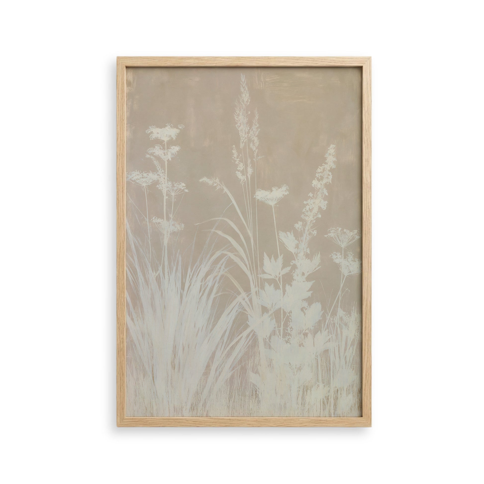 The image is a framed artwork depicting a field of tall grasses and plants, with a neutral color palette and a simple, minimalist design.