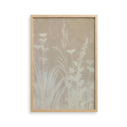 The image is a framed artwork depicting a field of tall grasses and plants, with a neutral color palette and a simple, minimalist design.