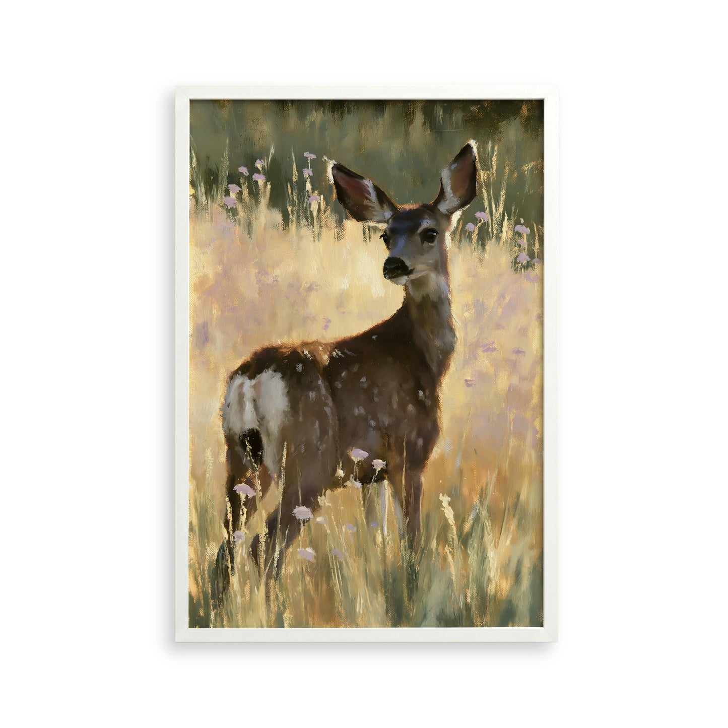 A deer standing in a field of tall grass and wildflowers.