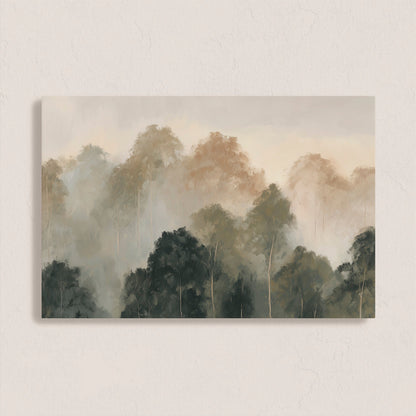 Fable canvas print of misty treetops in muted olive and ivory tones, serene morning haze artwork