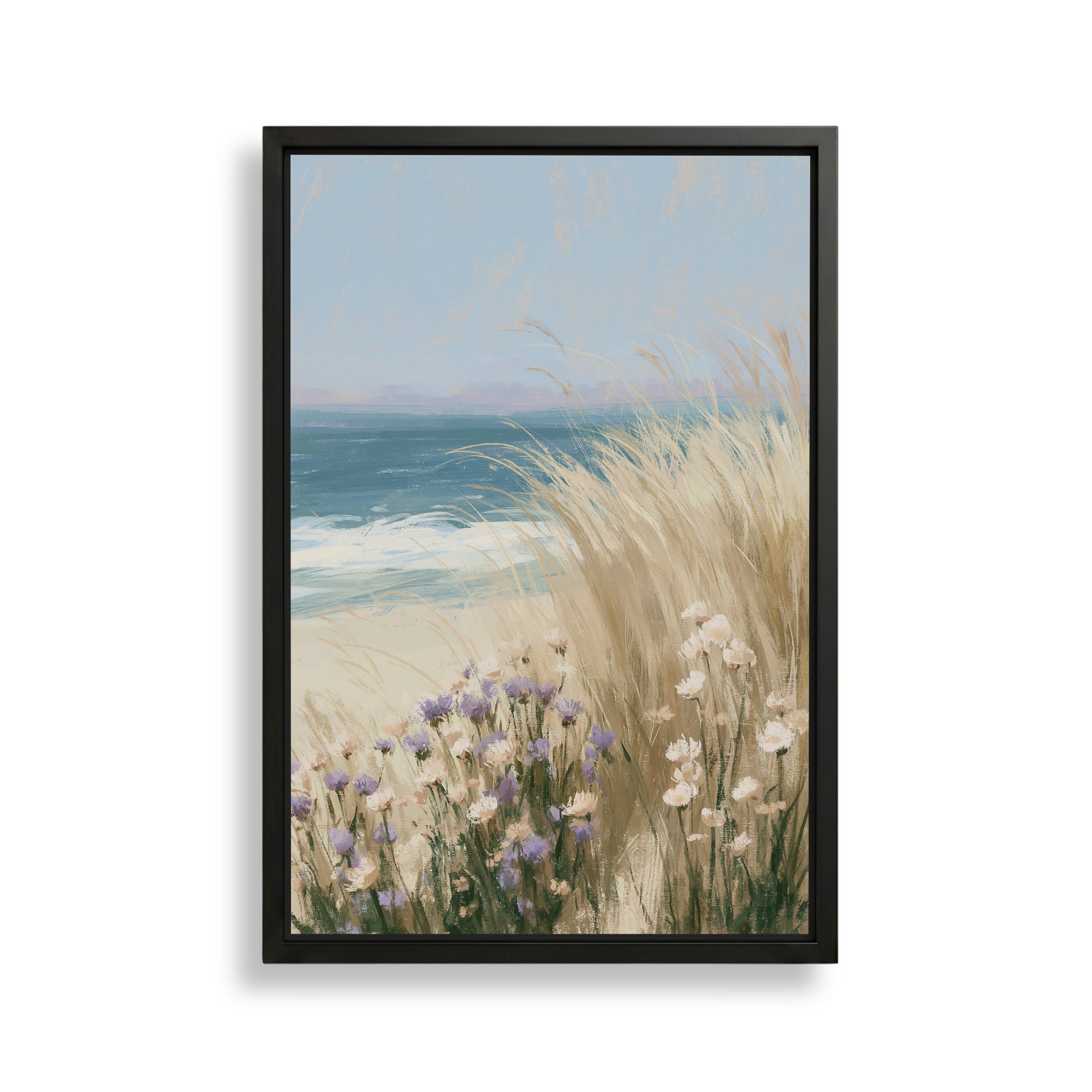 The image is a framed painting depicting a serene coastal scene with tall grasses swaying in the foreground and the vast ocean stretching out in the background.