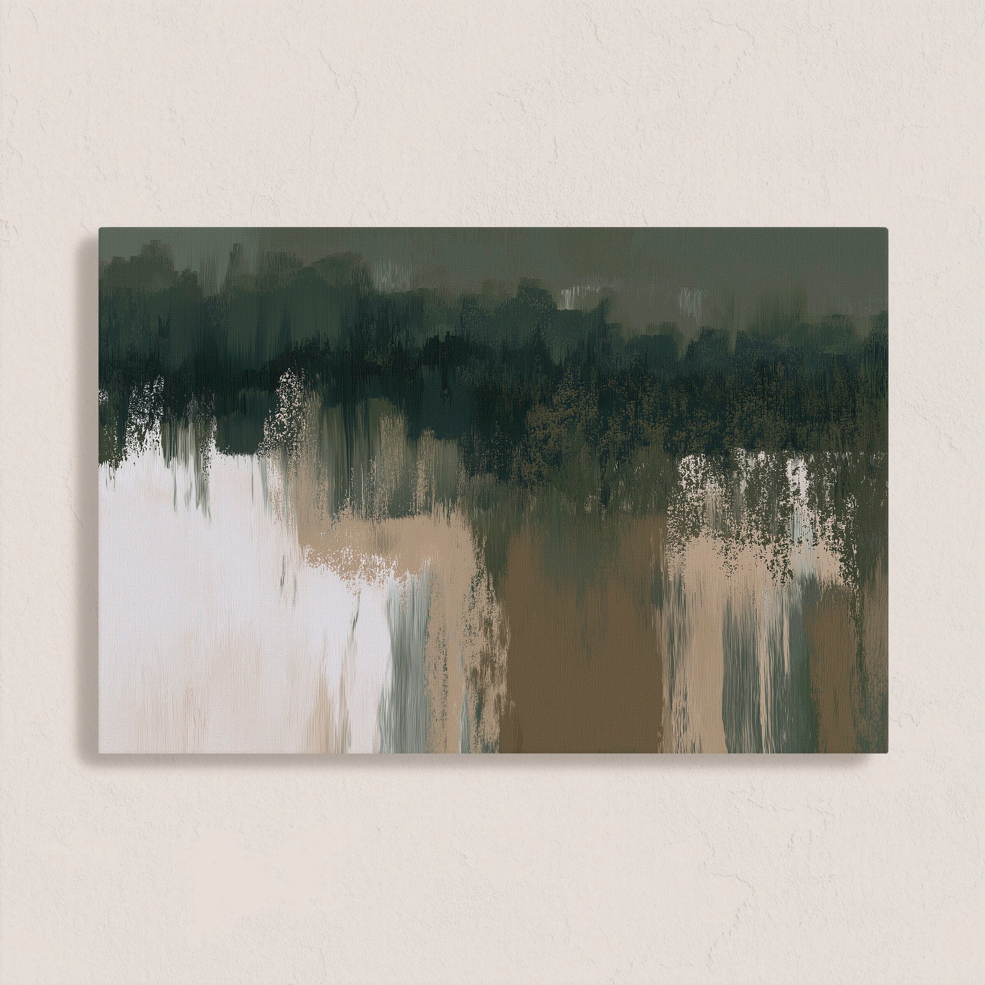Abstract Forestline canvas print with layered greens, taupe, and ivory tones, archival quality, gallery wrapped.