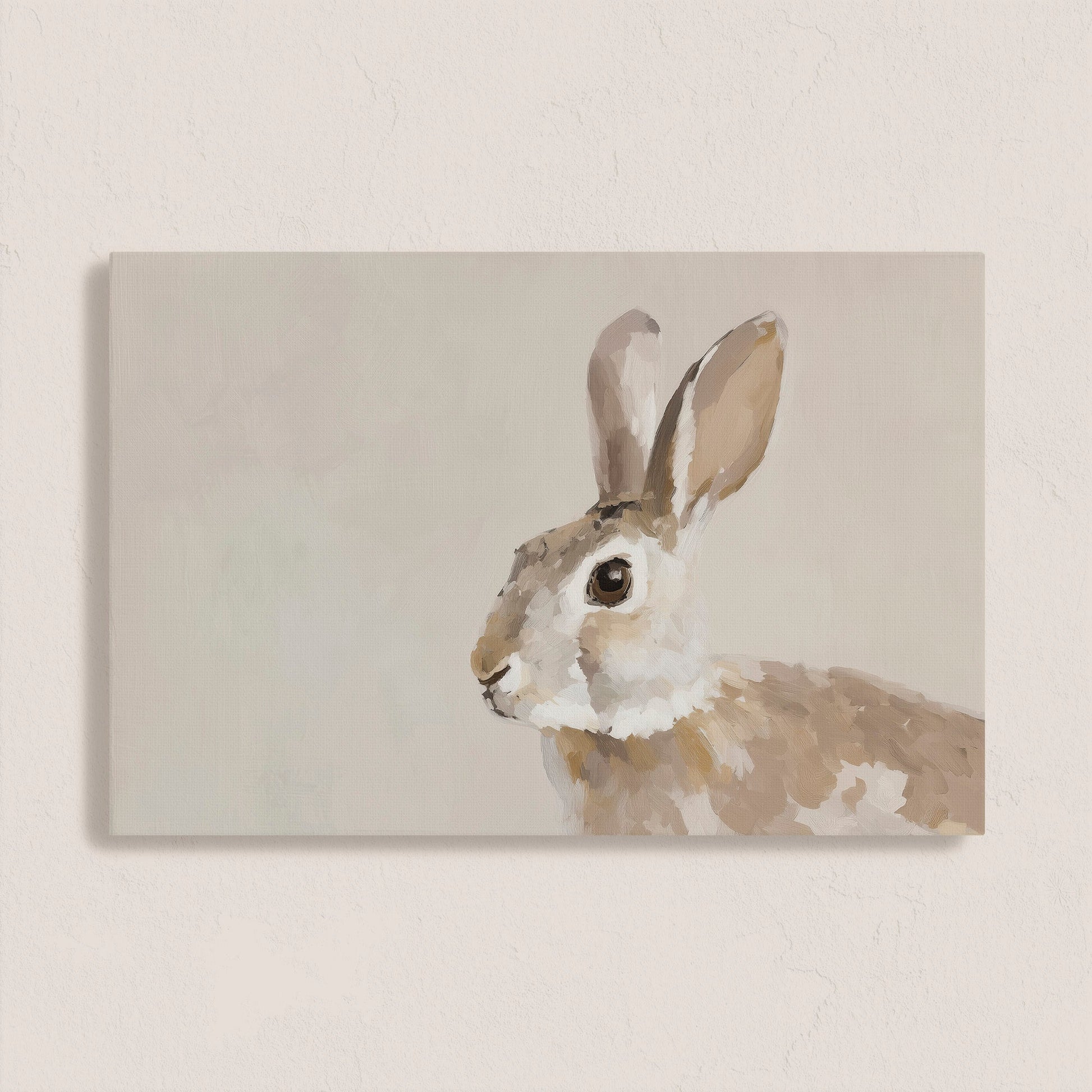 Clover Canvas Print depicting a serene rabbit in neutral tones with painterly texture on archival-grade canvas.
