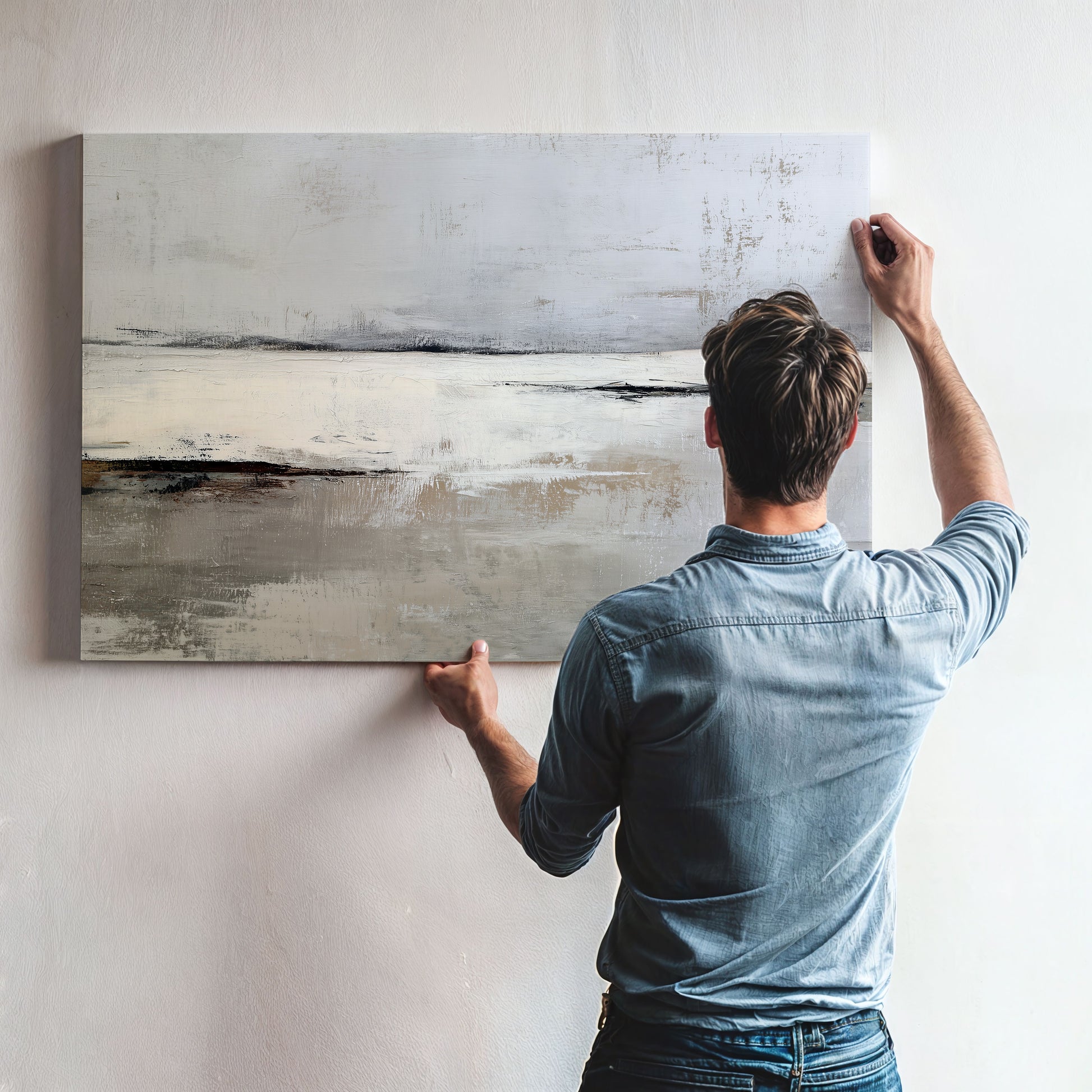 A man is hanging a large abstract painting on a wall.