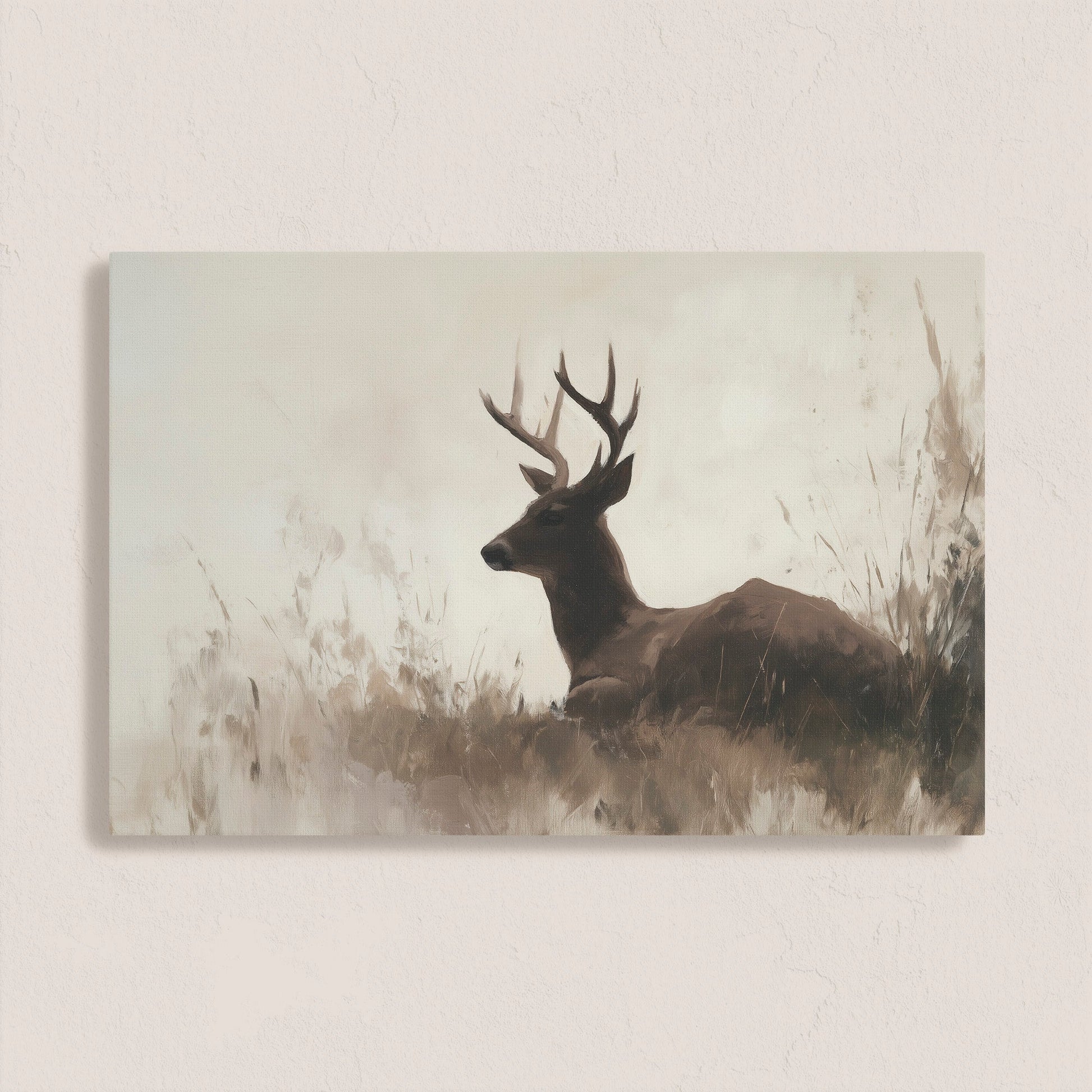 Haven Canvas Print of a resting deer in soft grasses with warm neutral tones and textured canvas