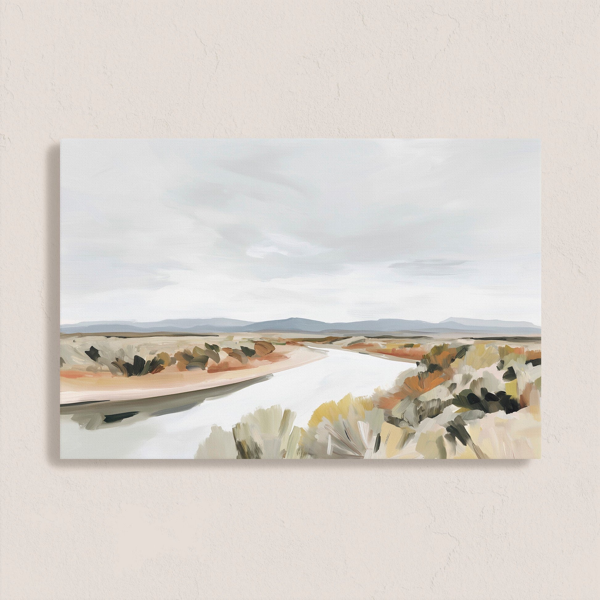 Mesa canvas print depicting a tranquil modern desert landscape with a flowing river and muted earth tones on archival-grade canvas.