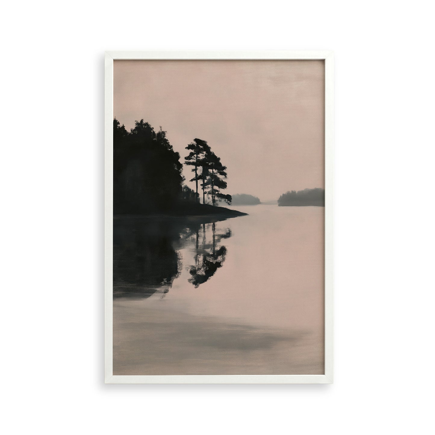 A serene landscape featuring a calm lake surrounded by trees, with the reflection of the trees on the water's surface.