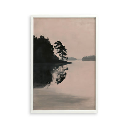 A serene landscape featuring a calm lake surrounded by trees, with the reflection of the trees on the water's surface.