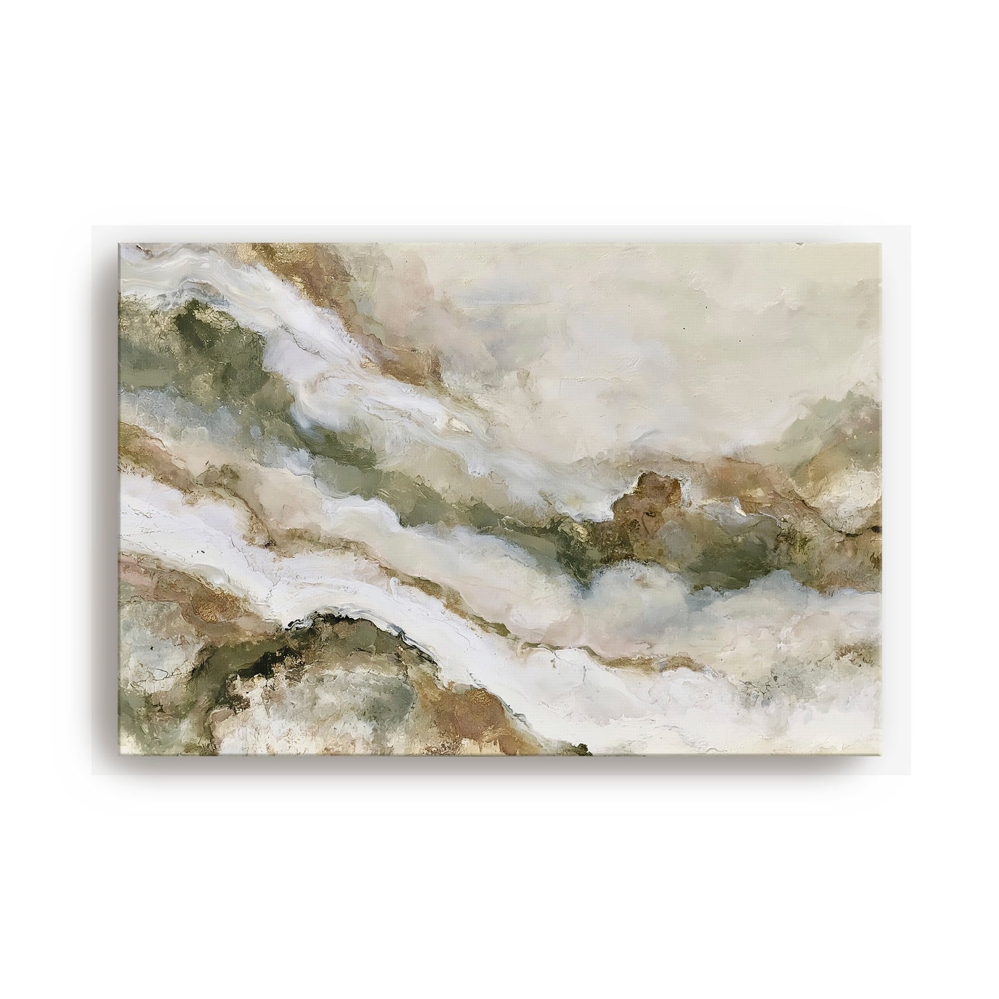 The image is an abstract painting with a landscape-like composition, featuring a blend of earthy tones and soft, flowing brushstrokes.