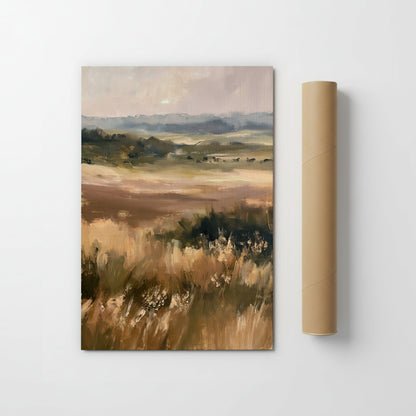 The image is a painting of a field with tall grass and trees in the background, depicting a serene landscape.