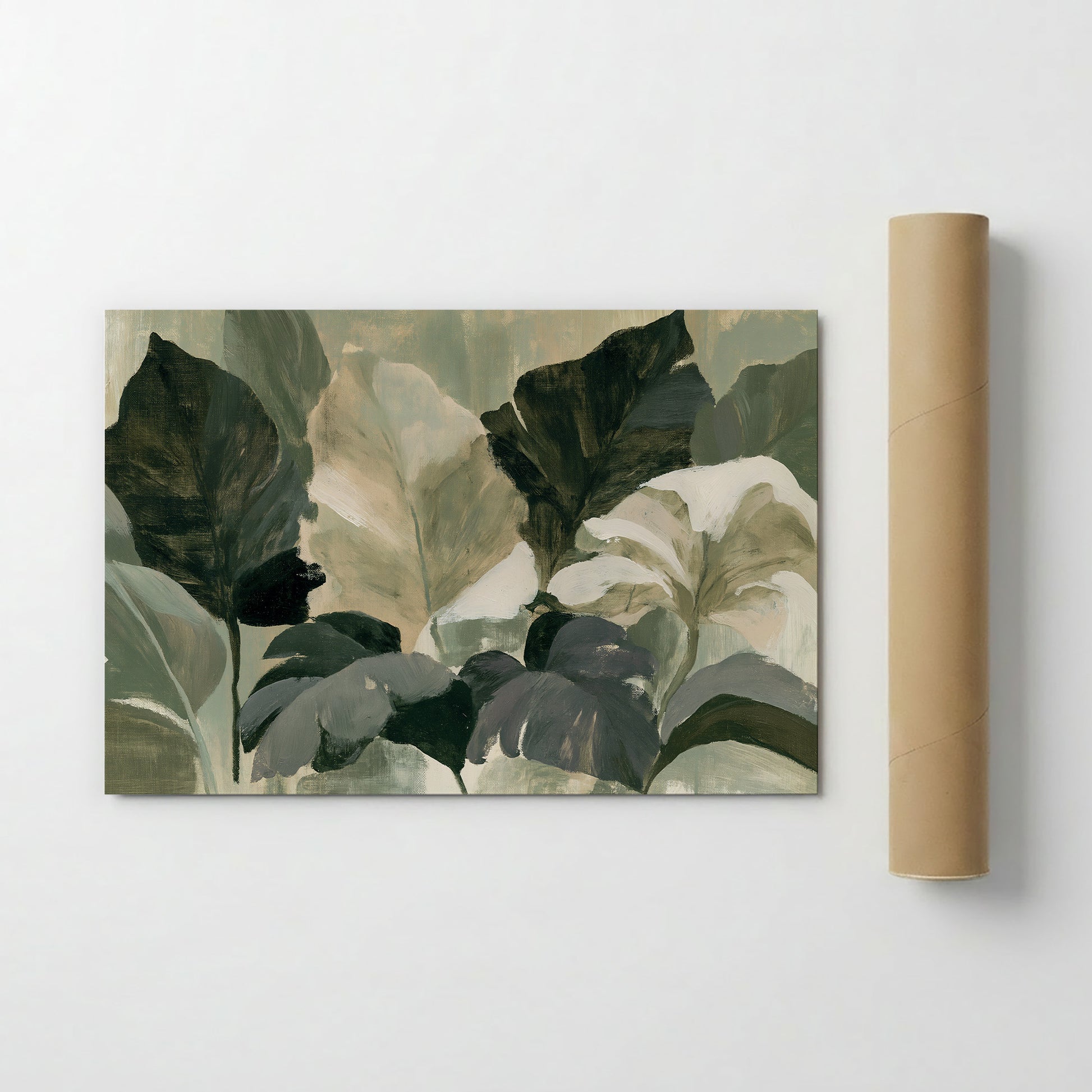 The image is a painting of various green and white leaves, creating a lush and natural scene.