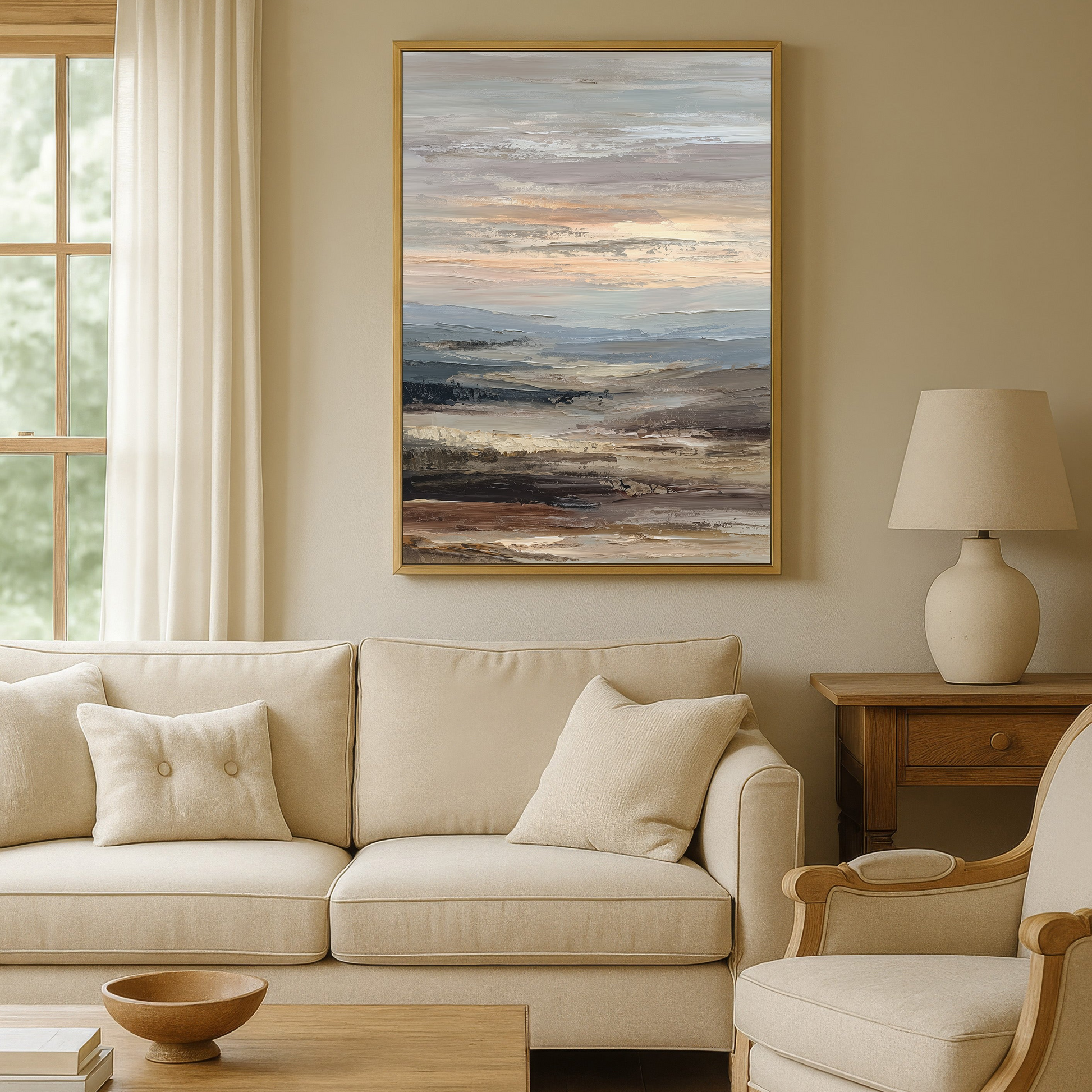a cozy living room with a large window, a beige sofa, a wooden coffee table, and a framed landscape painting hanging on the wall.