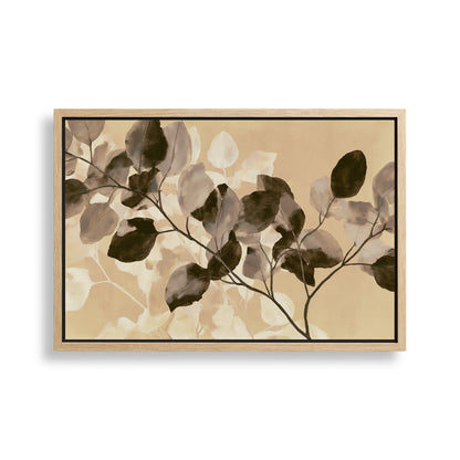 The image is a framed painting depicting a branch with leaves in a natural, botanical style.