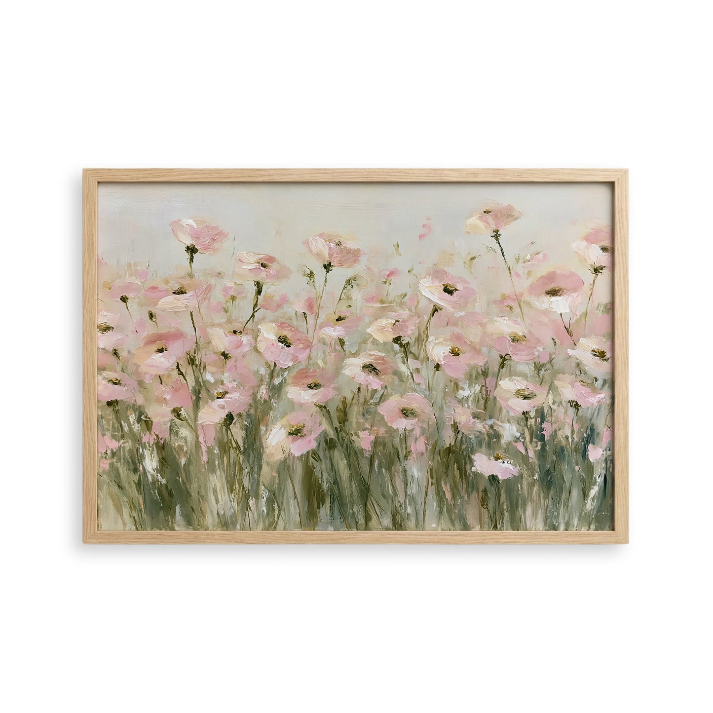 The image is a painting of a field of pink flowers.
