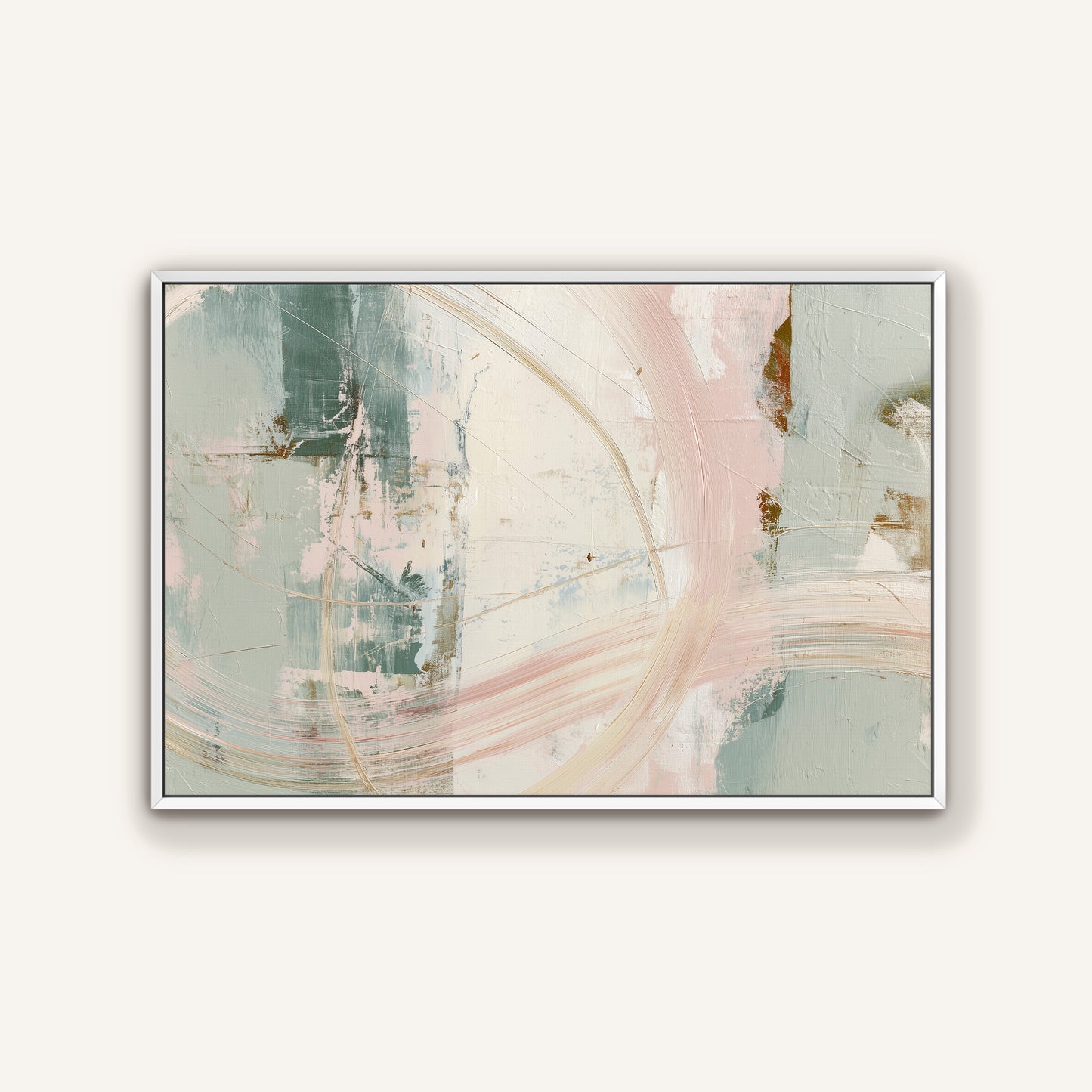 The image is an abstract painting with a predominantly light green and white color palette. The painting features various brushstrokes and textures, creating a sense of movement and depth. The artwork is framed and displayed on a wall, showcasing its artistic qualities.