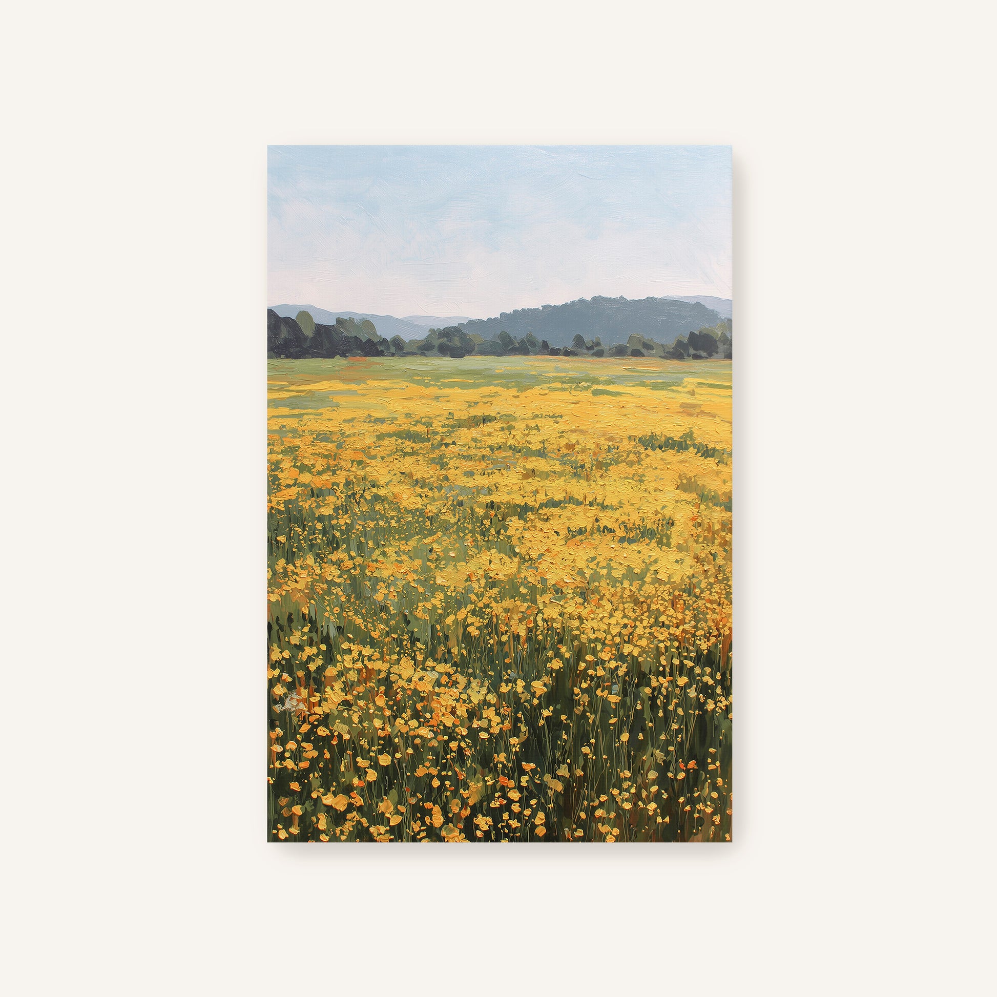 A field of yellow flowers stretches out towards a distant hill, creating a serene and picturesque landscape.