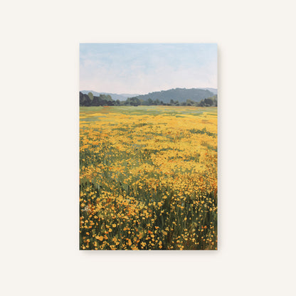 A field of yellow flowers stretches out towards a distant hill, creating a serene and picturesque landscape.