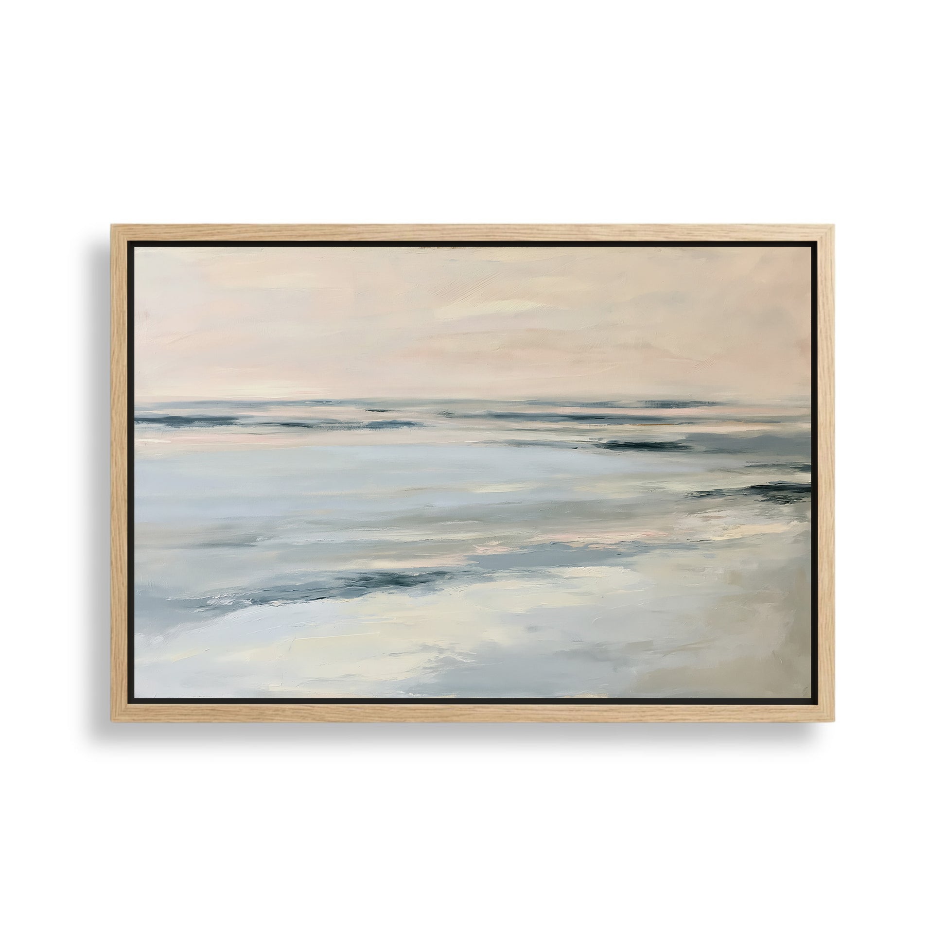The image is a painting of a serene ocean scene with a light blue sky and gentle waves.