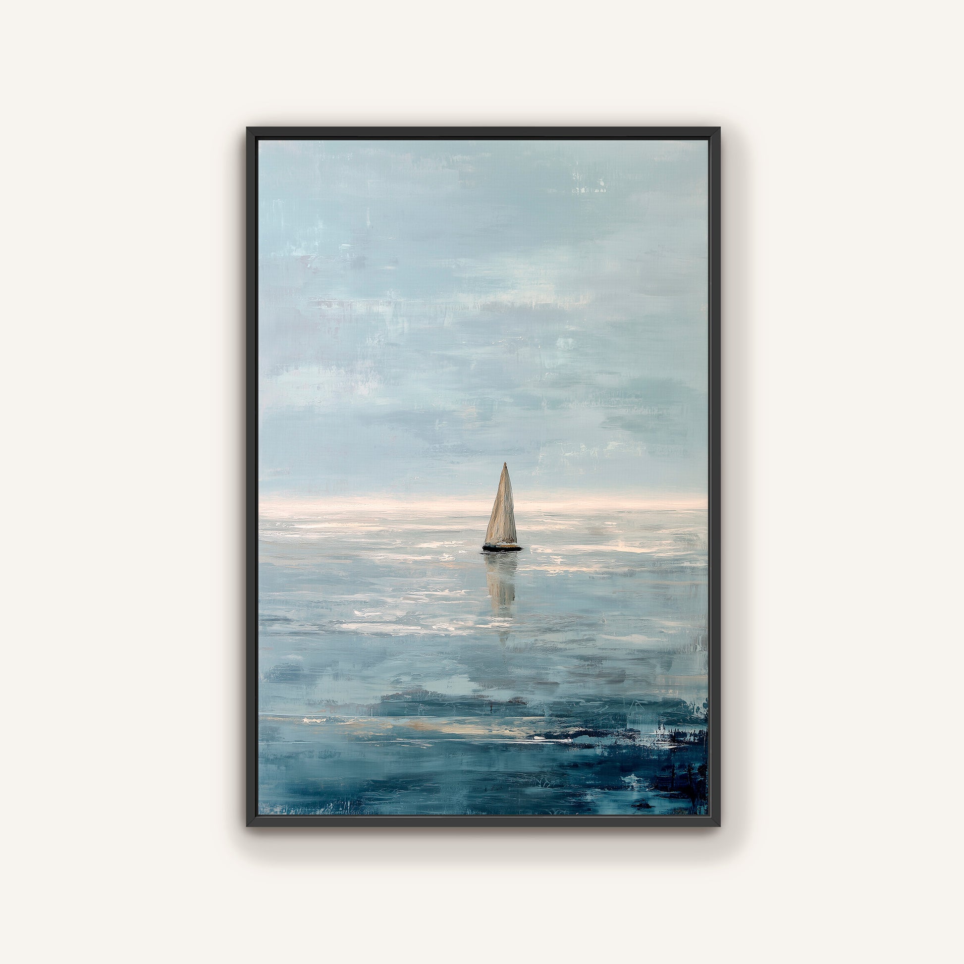 a sailboat on the water, with a cloudy sky in the background.