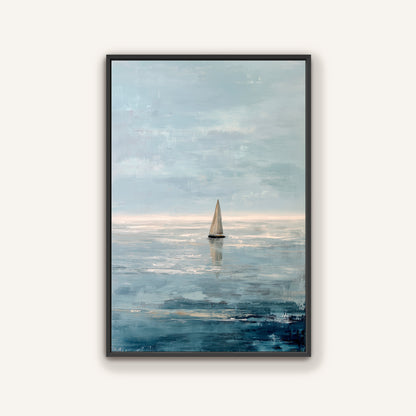 a sailboat on the water, with a cloudy sky in the background.