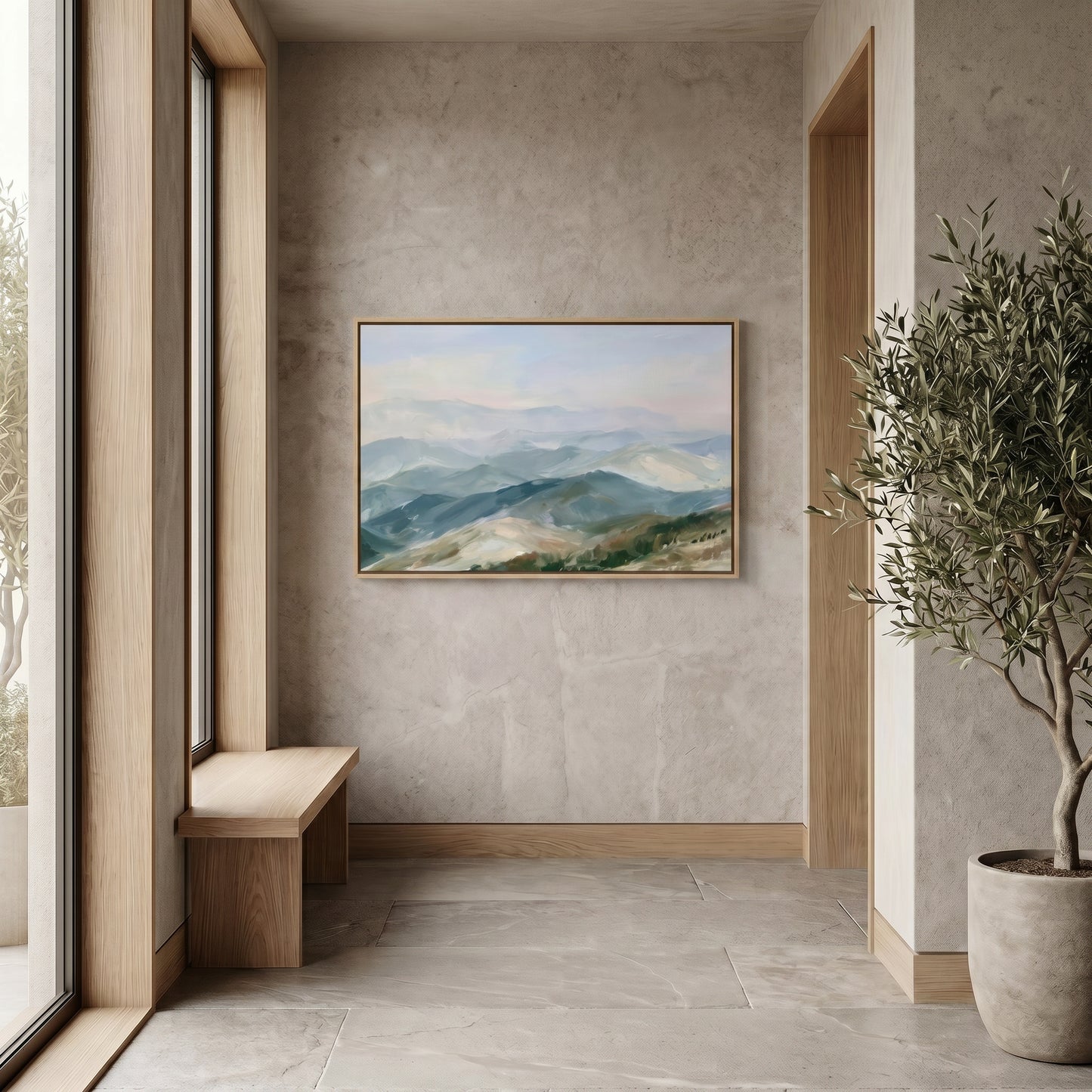 a serene indoor setting with a large painting of a mountainous landscape hanging on the wall. The painting is framed in a wooden frame and is the focal point of the room. The room has a minimalist design, with a wooden bench and a potted plant adding a touch of greenery to the space. The overall atmosphere of the room is calm and peaceful, with the natural landscape painting providing a sense of tranquility and connection to nature.
