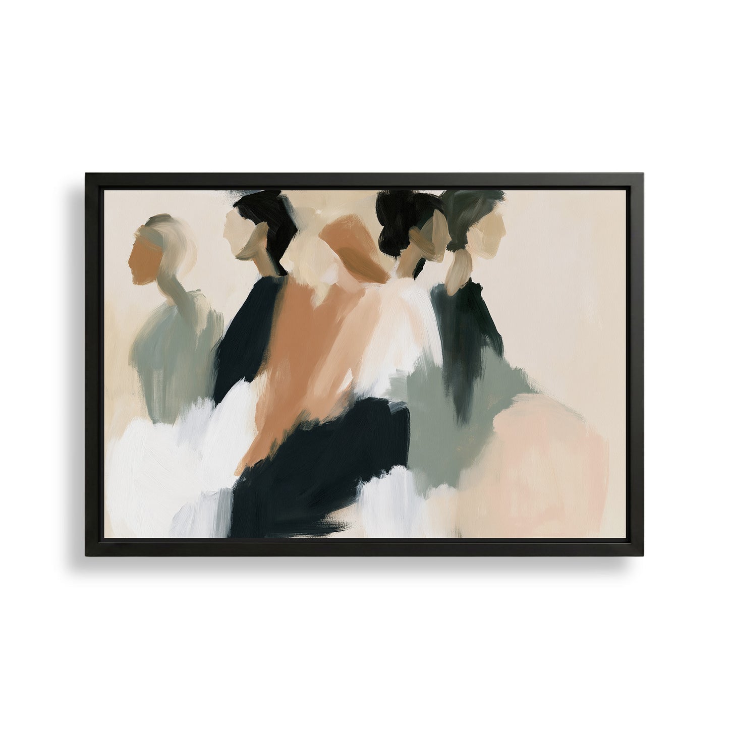 The image is an abstract painting featuring a group of stylized human figures in various poses and colors.