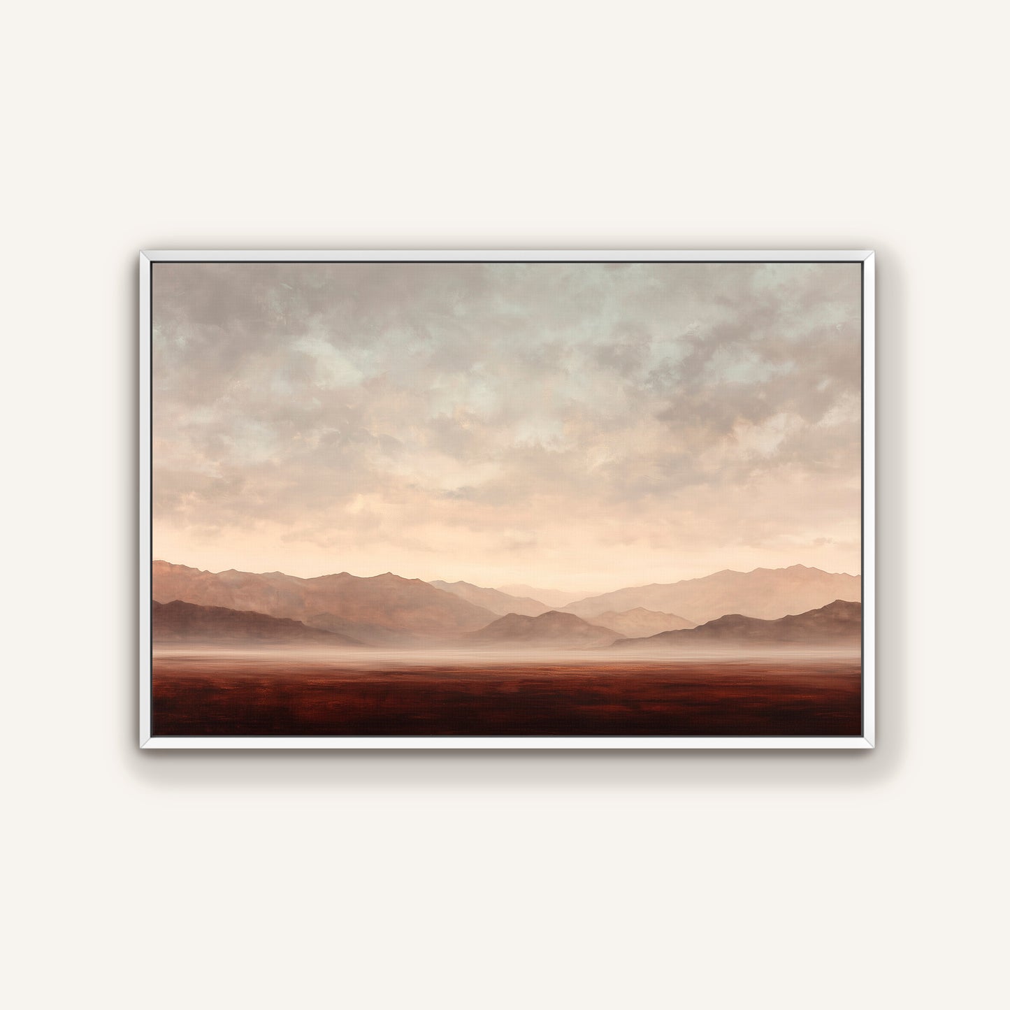 a serene landscape with mountains in the distance, a hazy sky, and a vast, open field.