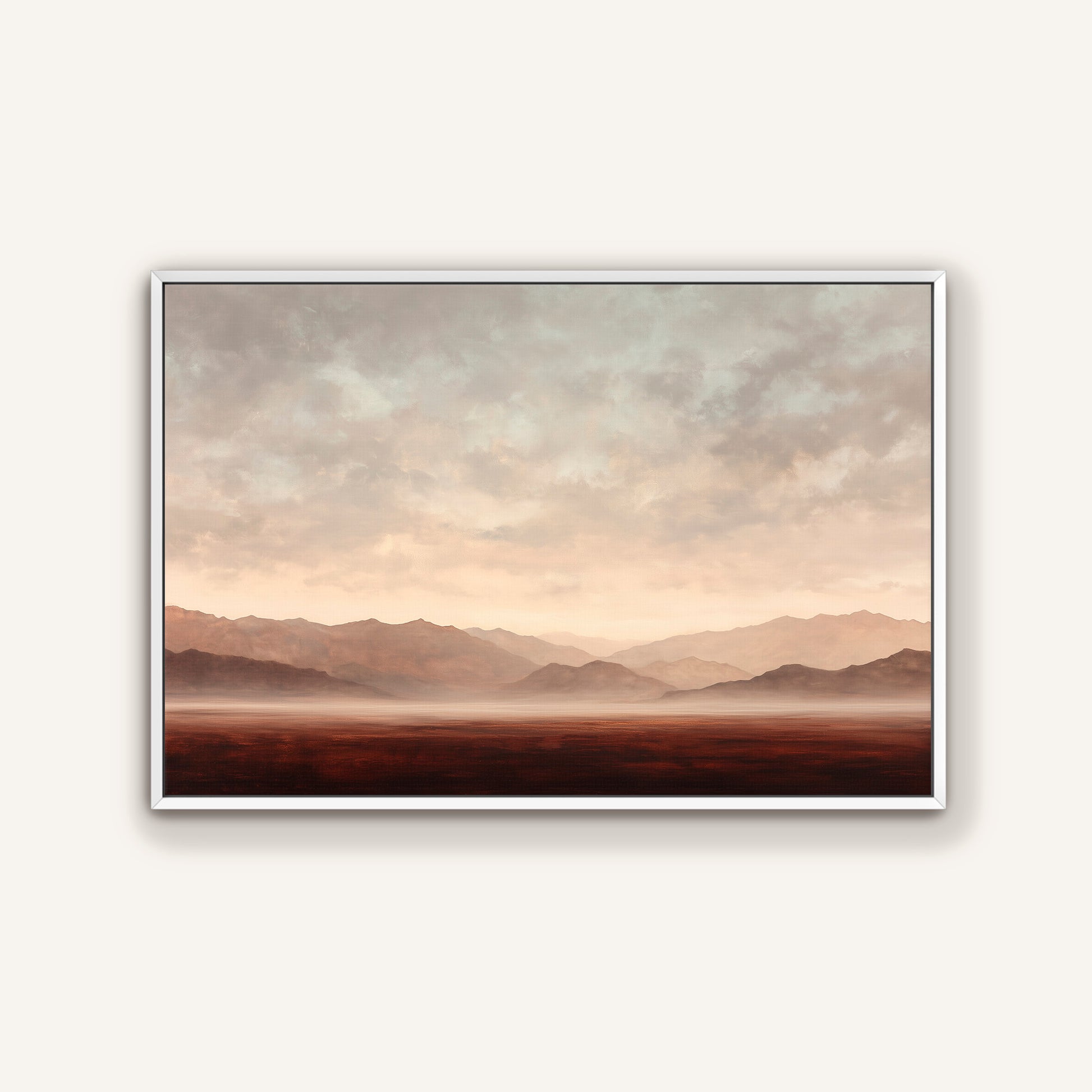 a serene landscape with mountains in the distance, a hazy sky, and a vast, open field.