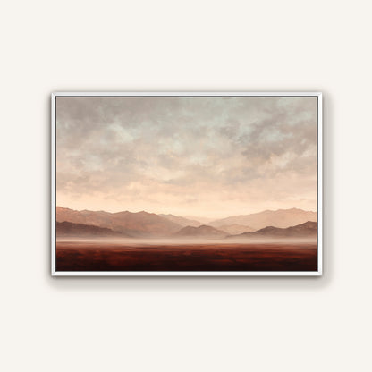 a serene landscape with mountains in the distance, a hazy sky, and a vast, open field.