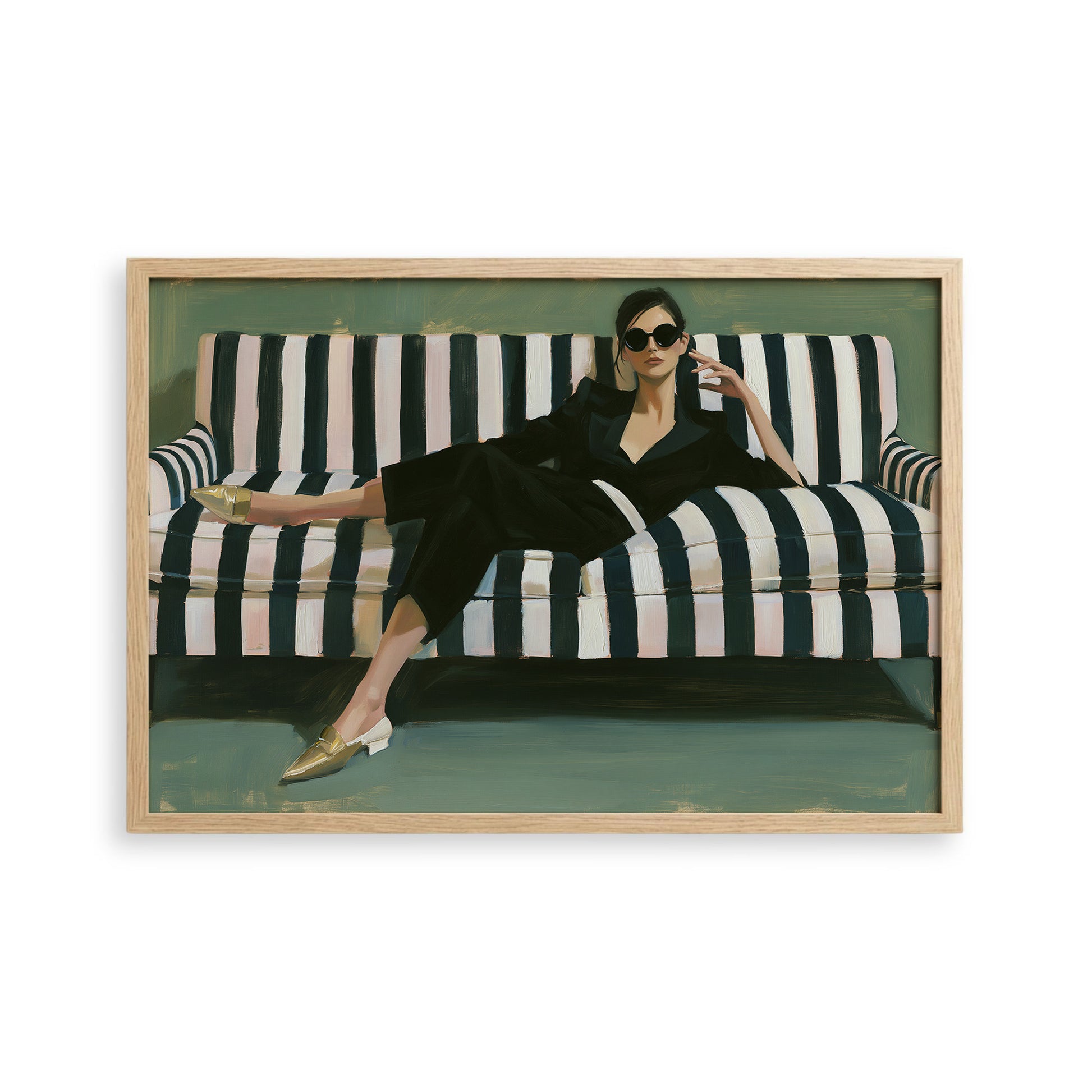 A woman in a black jumpsuit is sitting on a striped couch, wearing gold shoes and sunglasses.