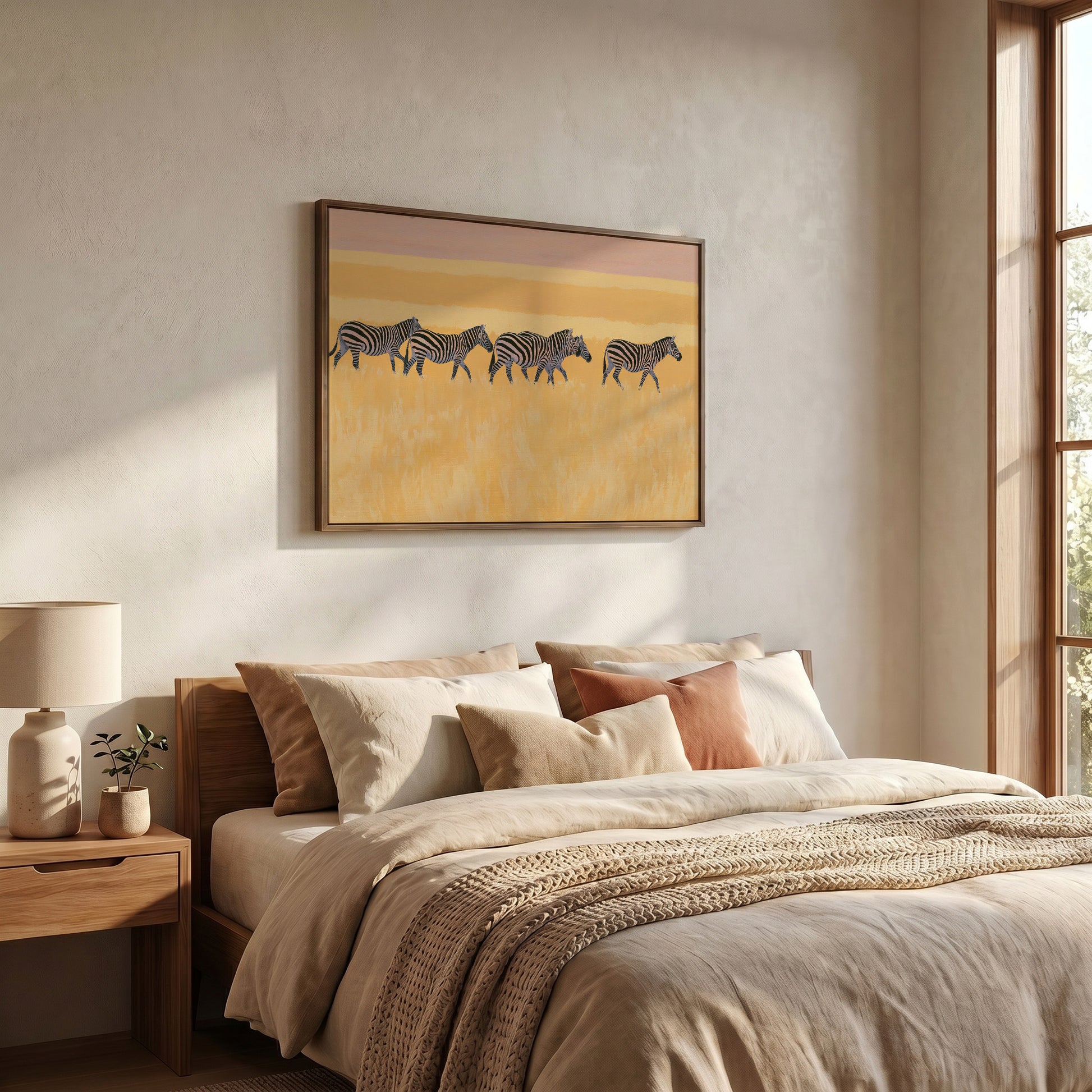 a serene bedroom scene with a large bed, a wooden nightstand, and a framed painting of zebras on the wall.