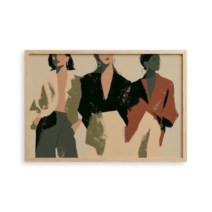 The image is a framed artwork depicting three stylized human figures in different outfits, arranged in a balanced composition.