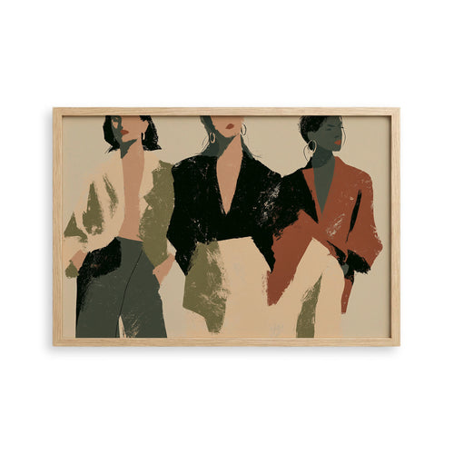 The image is a framed artwork depicting three stylized human figures in different outfits, arranged in a balanced composition.