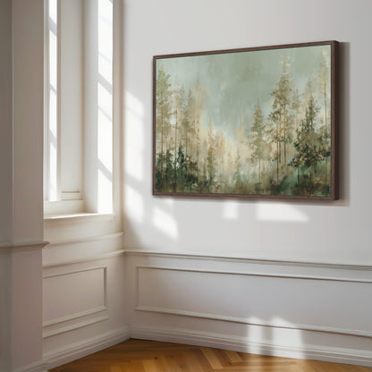 a large painting of a forest scene hanging on a white wall in a room with a window.