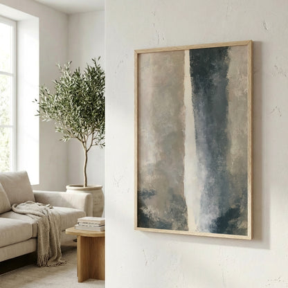 a living room with a large abstract painting hanging on the wall, a comfortable couch, and a potted plant.