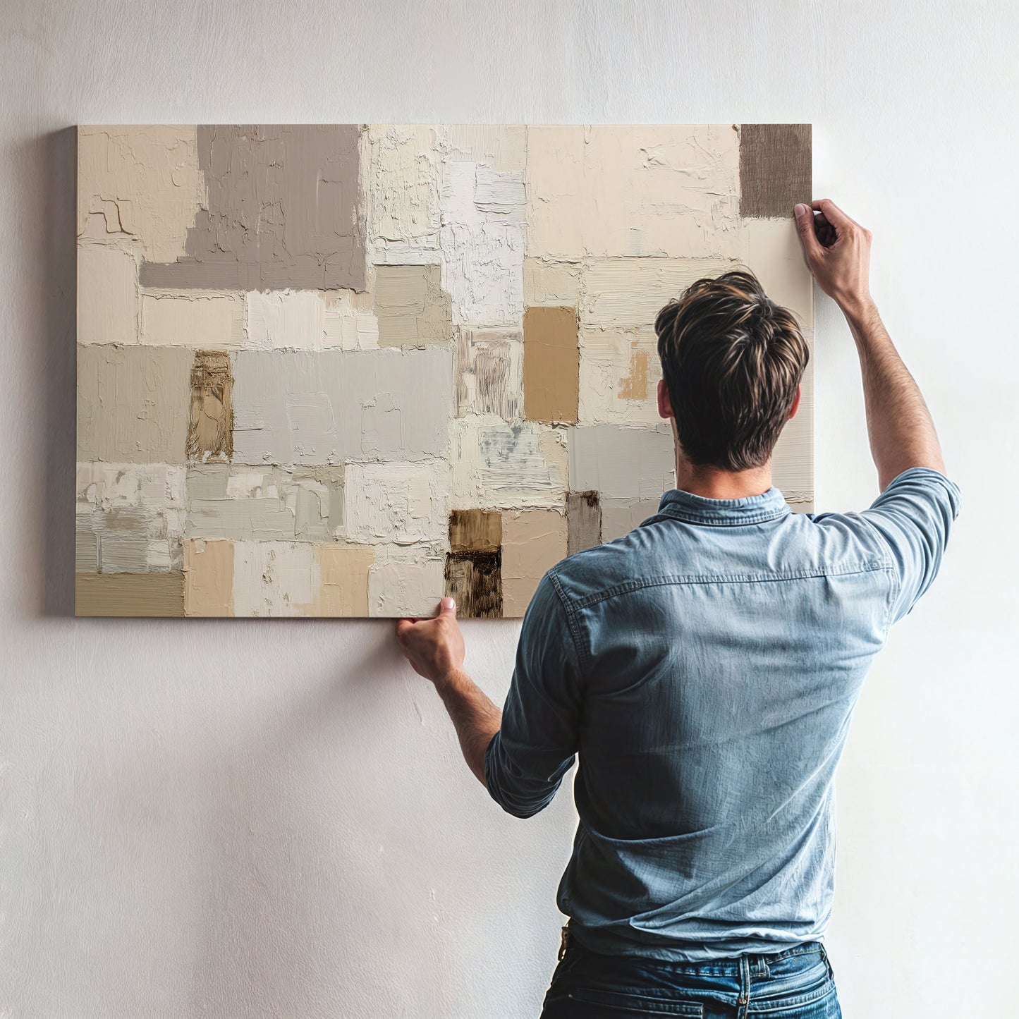 A man is hanging a large abstract painting on a wall.