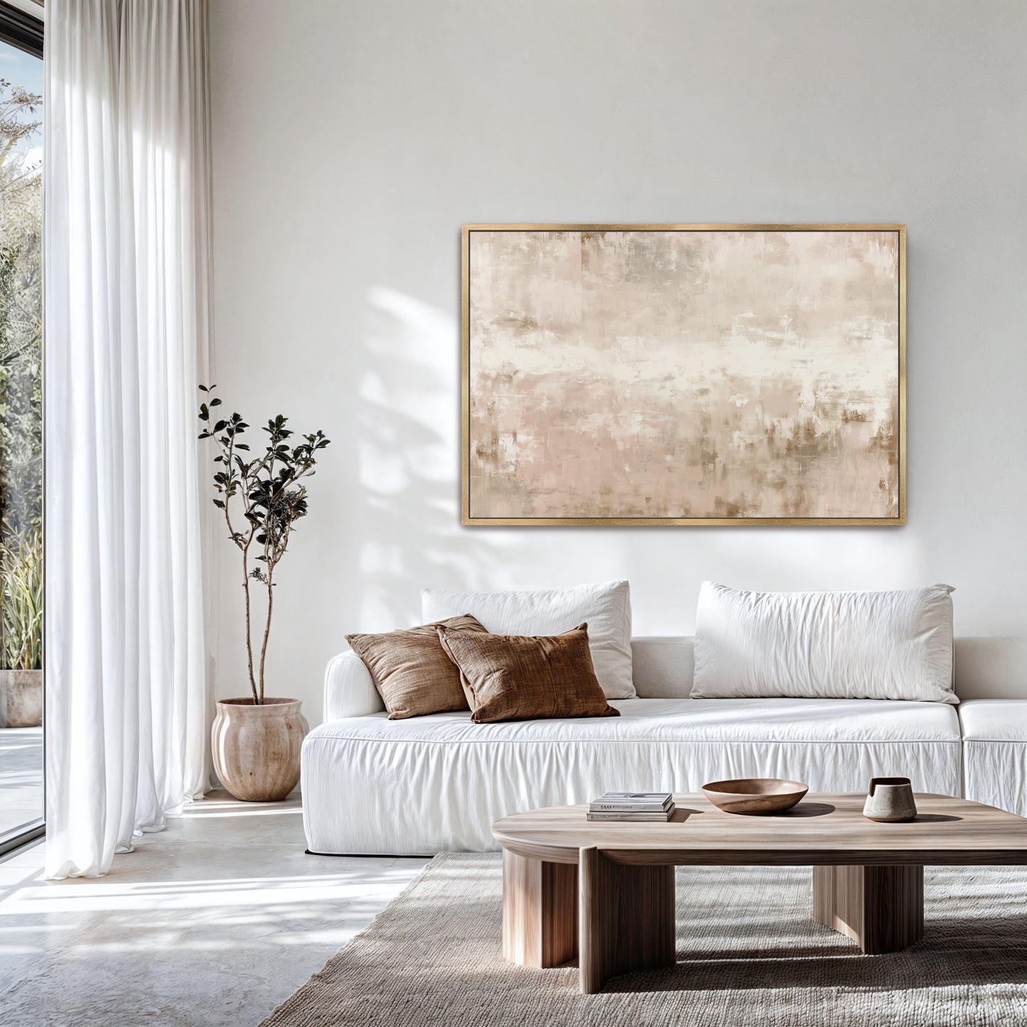 a modern living room with a white sofa, a wooden coffee table, and a large abstract painting on the wall.