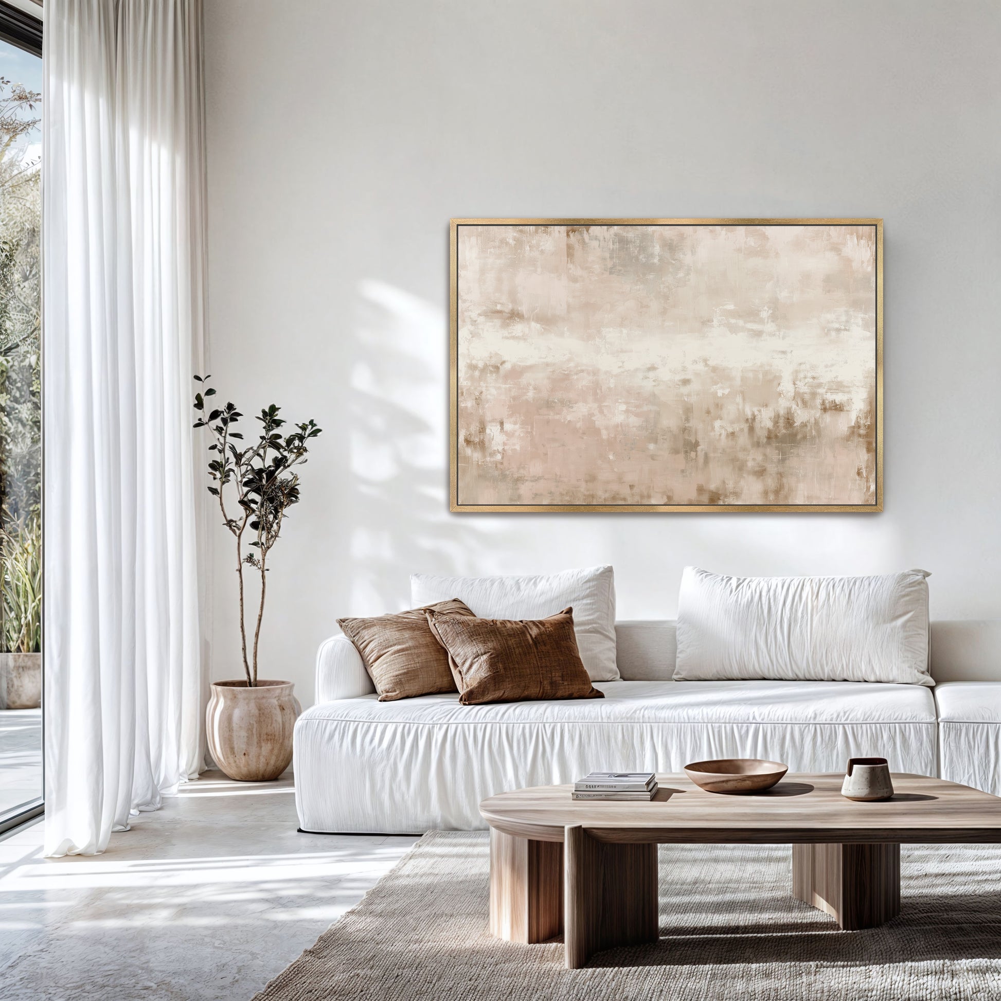 a modern living room with a white sofa, a wooden coffee table, and a large abstract painting on the wall.