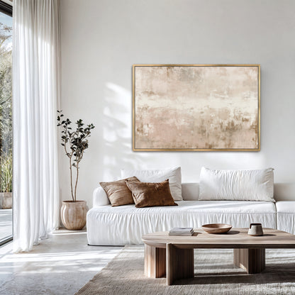 a modern living room with a white sofa, a wooden coffee table, and a large abstract painting on the wall.