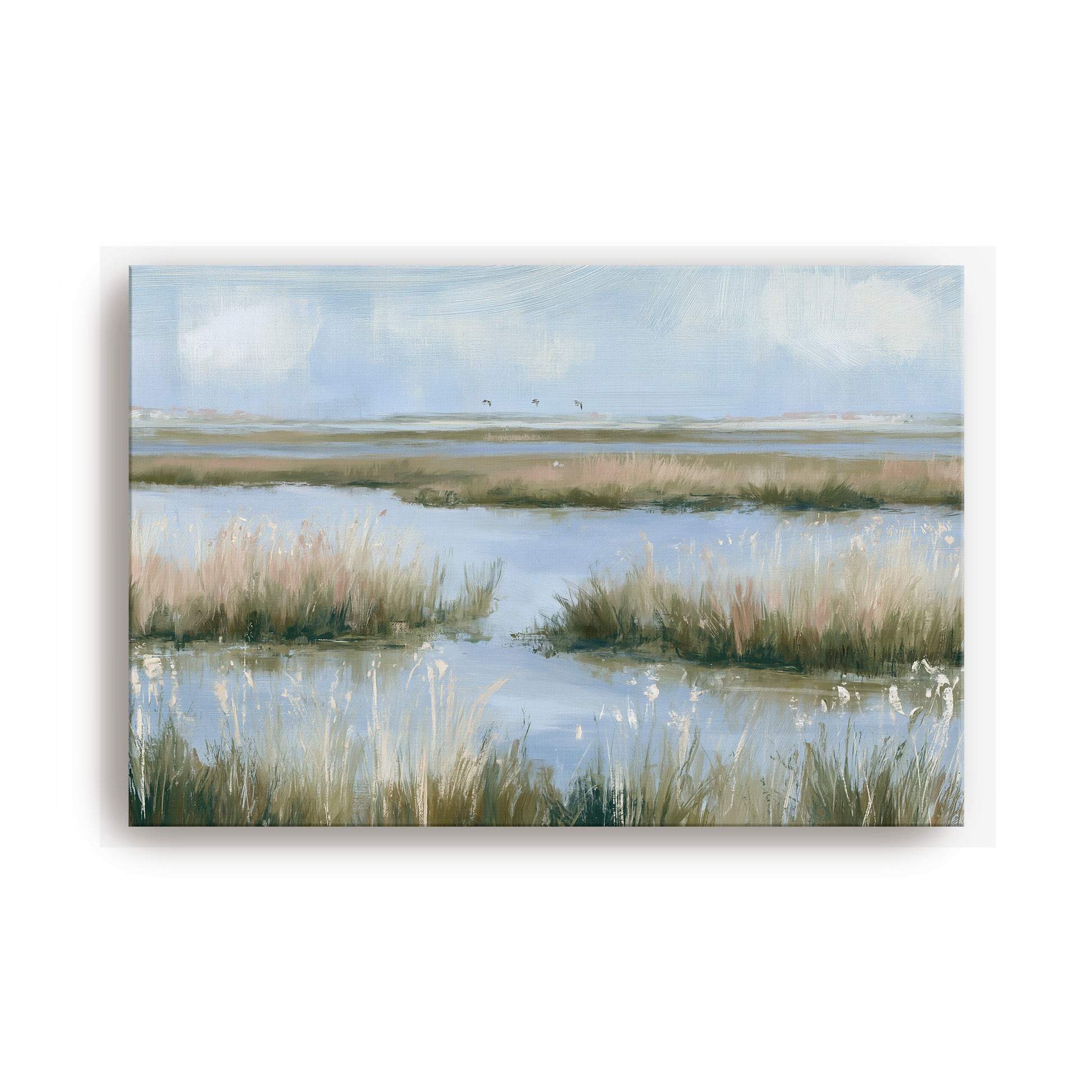 a serene landscape with a body of water surrounded by tall grasses and a cloudy sky.
