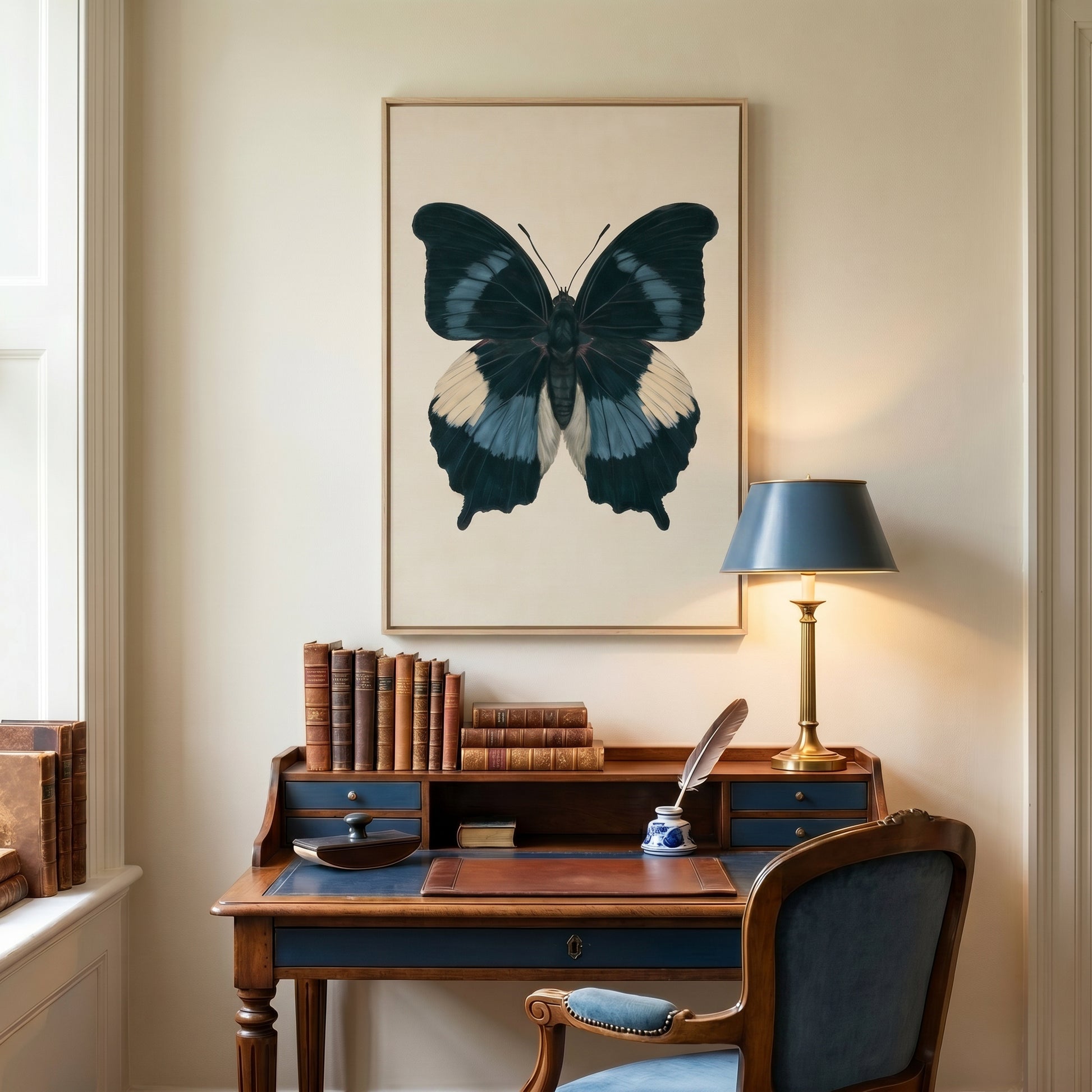 a well-organized workspace with a wooden desk, a blue chair, and a framed picture of a butterfly on the wall above the desk.