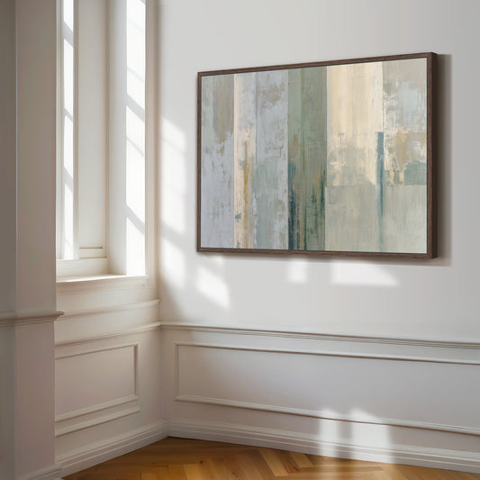 a large abstract painting hanging on a white wall, with a window and a white wall frame visible in the background.