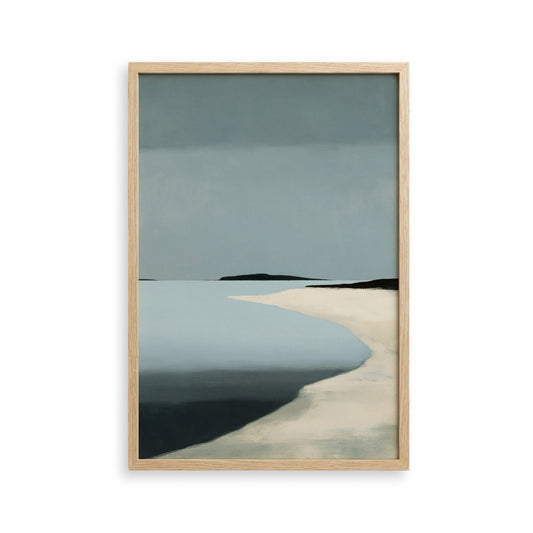 The image is a framed painting depicting a serene beach scene with a calm body of water and a sandy shoreline.